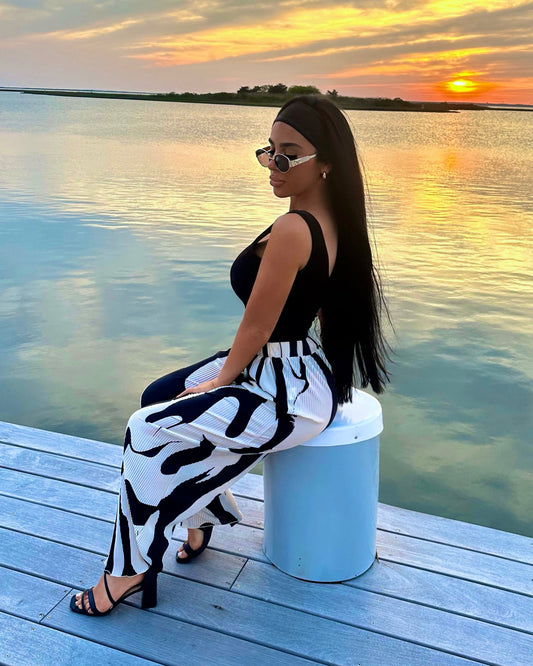 Cutout One Shoulder Top and Printed Pants Set