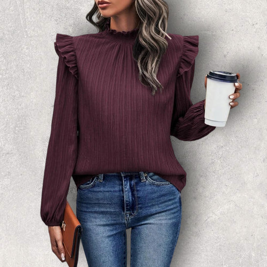 Mock Neck Ruffle Shoulder Blouse
