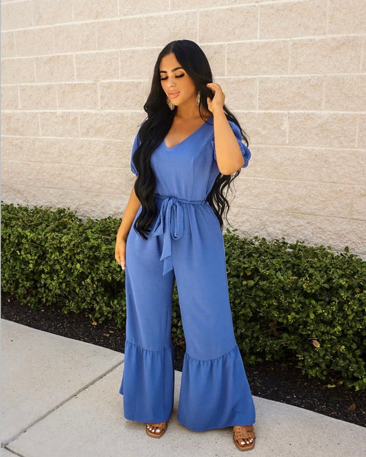GeeGee Full Size V-Neck Belted Wide Leg Jumpsuit