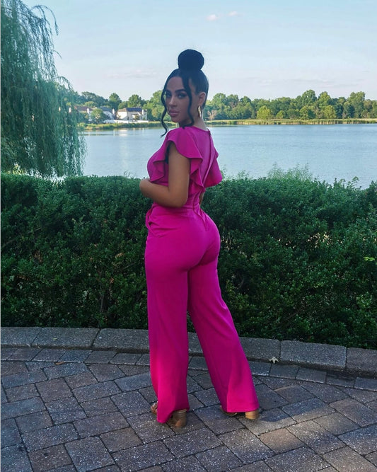 Ruffled Round Neck Cap Sleeve Jumpsuit