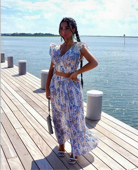 Printed Tie Back Cropped Top and Maxi Skirt Set