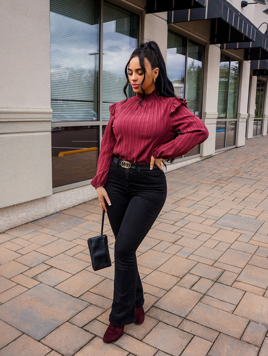 Mock Neck Ruffle Shoulder Blouse