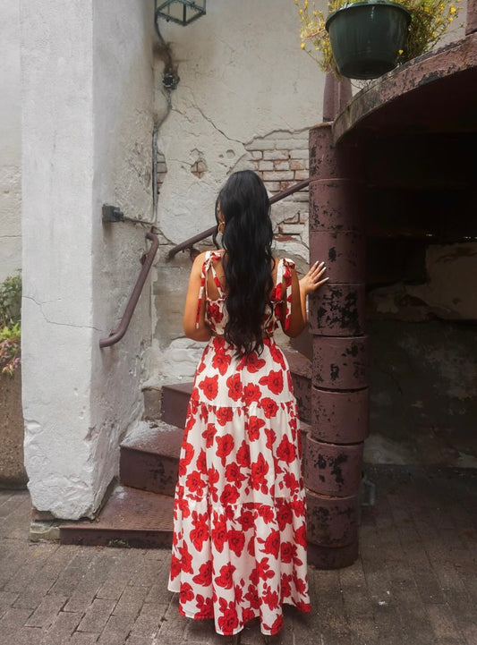 Floral Tie Shoulder Top and Tiered Maxi Skirt Set