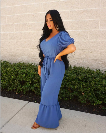 GeeGee Full Size V-Neck Belted Wide Leg Jumpsuit