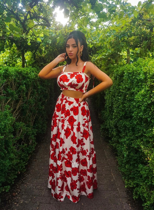 Floral Tie Shoulder Top and Tiered Maxi Skirt Set