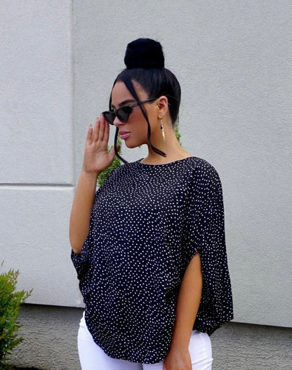 Double Take Printed Dolman Sleeve Round Neck Blouse