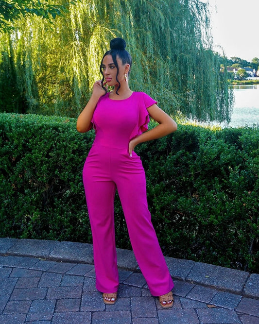 Ruffled Round Neck Cap Sleeve Jumpsuit