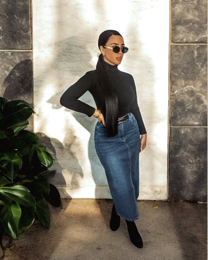 Slit Raw Hem Midi Denim Skirt