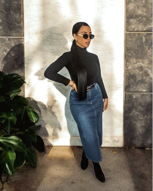 Slit Raw Hem Midi Denim Skirt