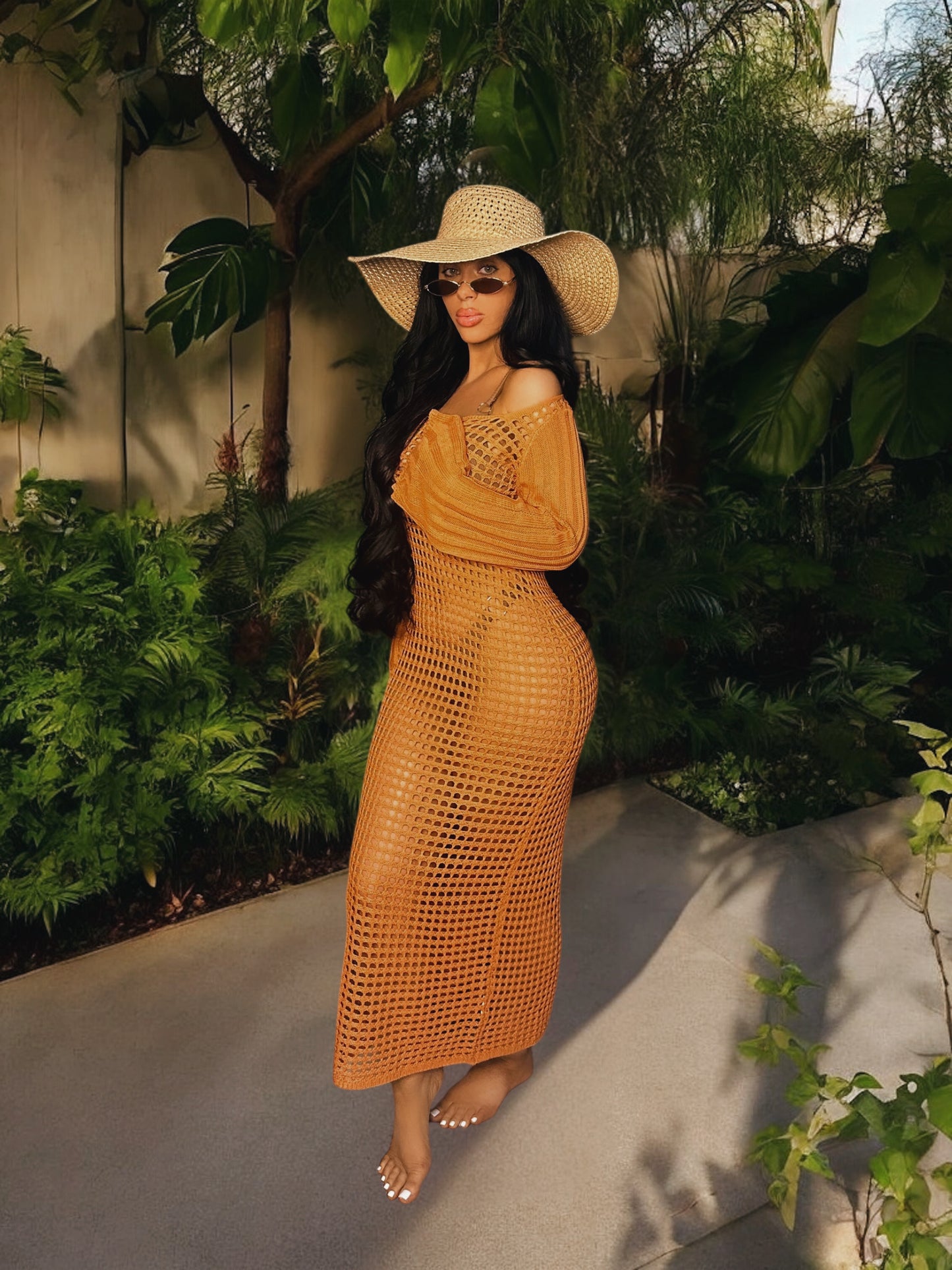 Openwork Square Neck Flare Sleeve Cover-Up Dress