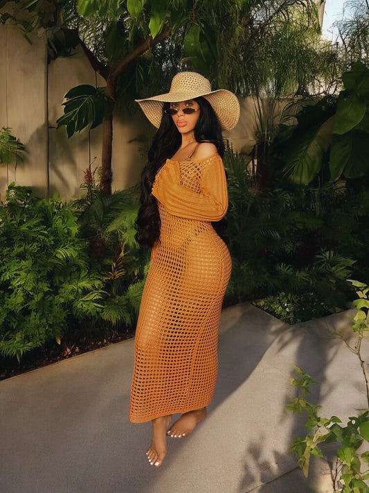 Openwork Square Neck Flare Sleeve Cover-Up Dress