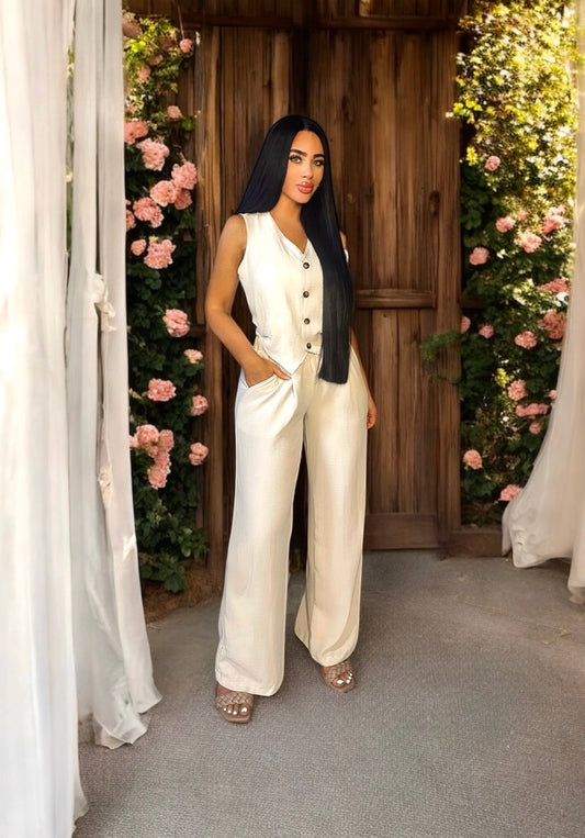 V-Neck Button Down Vest and Wide Leg Pants Set