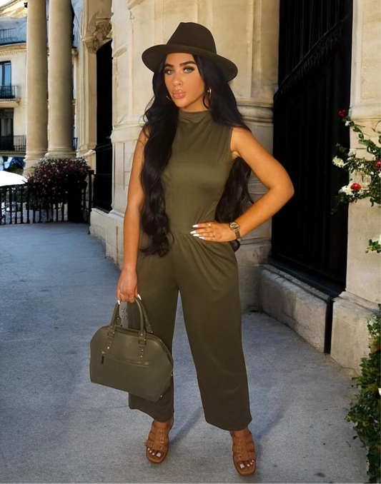 Mock Neck Sleeveless Wide Leg Jumpsuit