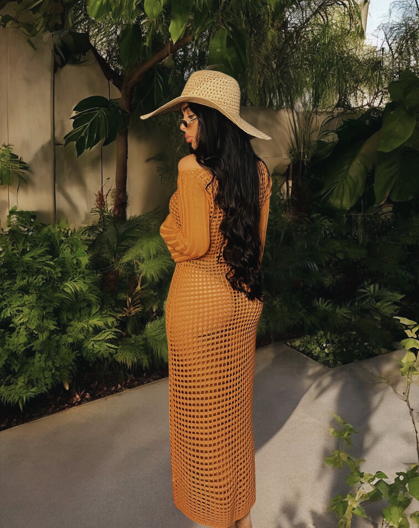 Openwork Square Neck Flare Sleeve Cover-Up Dress