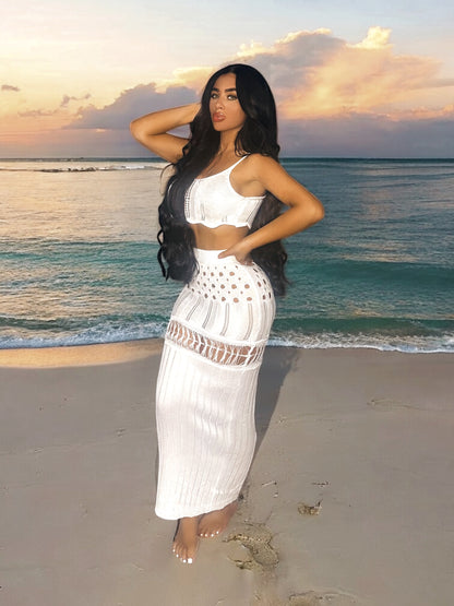 Openwork Scoop Neck Spaghetti Strap Swimsuit Cover-Up Set