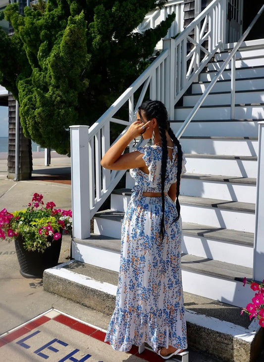 Printed Tie Back Cropped Top and Maxi Skirt Set