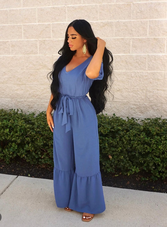 GeeGee Full Size V-Neck Belted Wide Leg Jumpsuit