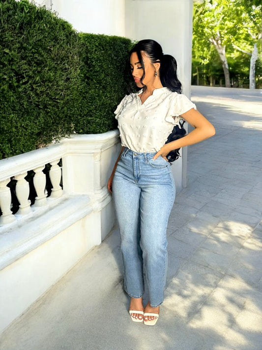 Swiss Dot Notched Cap Sleeve T-Shirt