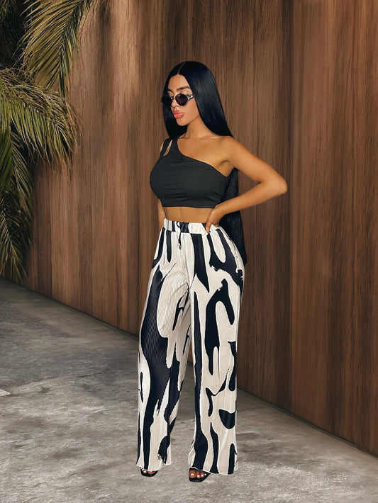 Cutout One Shoulder Top and Printed Pants Set