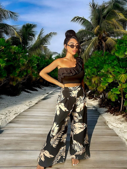 Ruffled Sleeveless Top and Printed Pants Set