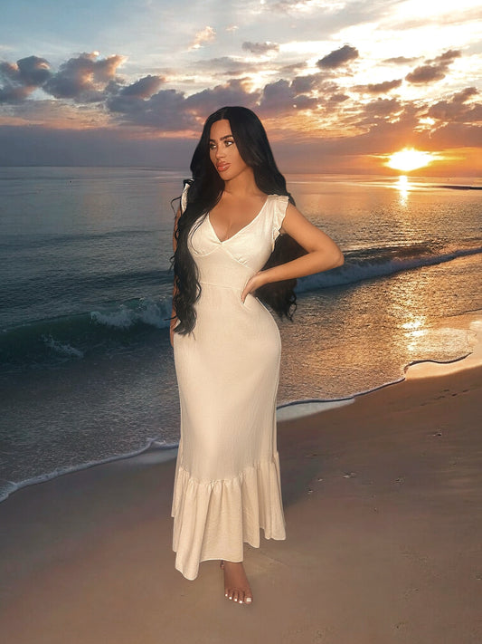Ruffled V-Neck Cap Sleeve Maxi Dress