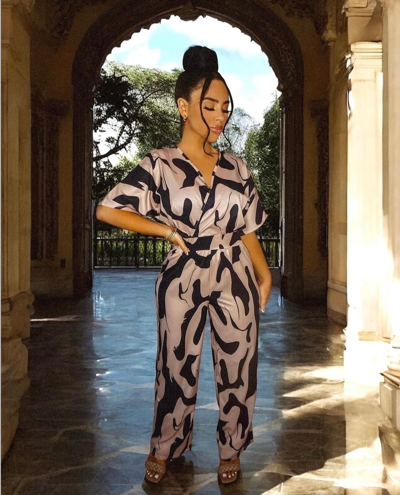 Printed V-Neck Short Sleeve Wide Leg Jumpsuit