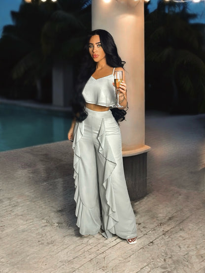 Crop Cami and Ruffled Wide Leg Pants Set