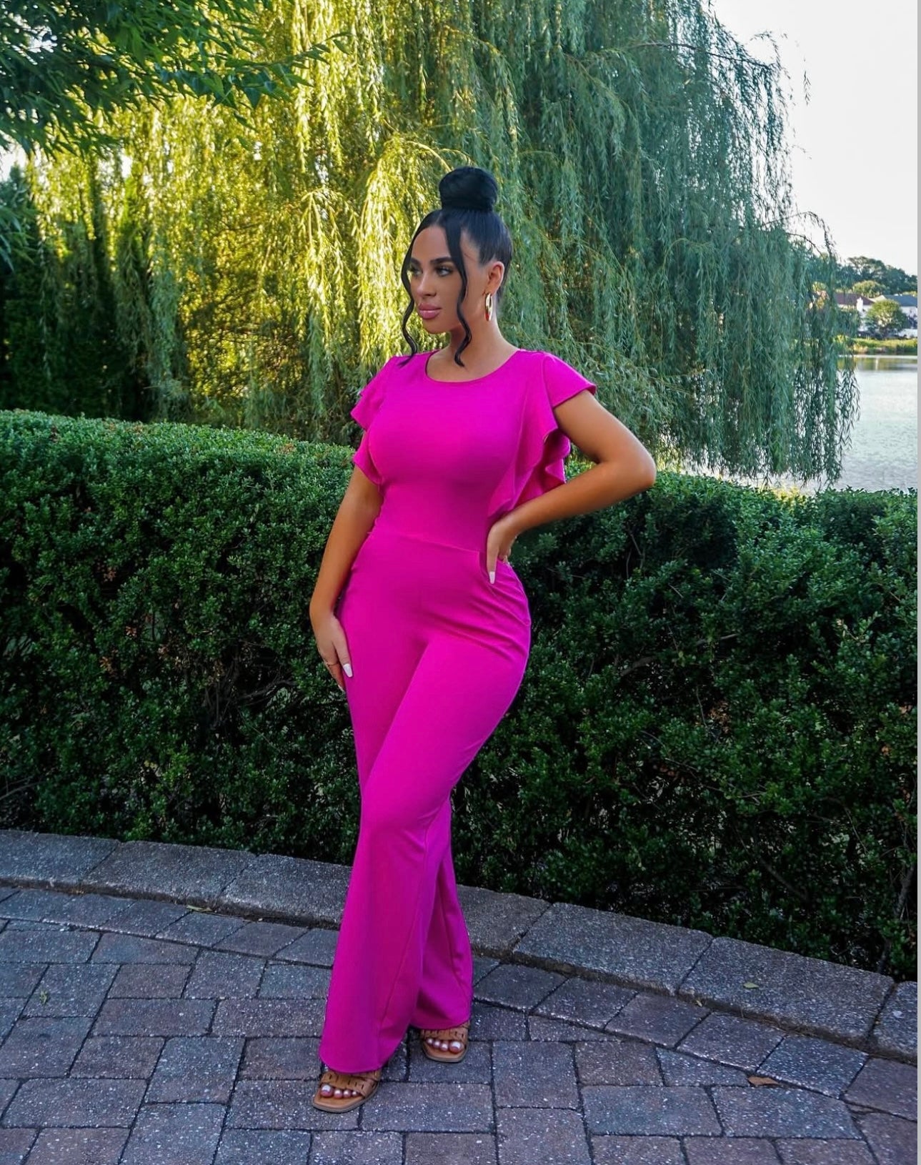 Ruffled Round Neck Cap Sleeve Jumpsuit