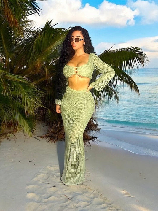 Tied Long Sleeve Top and Skirt Cover Up Set