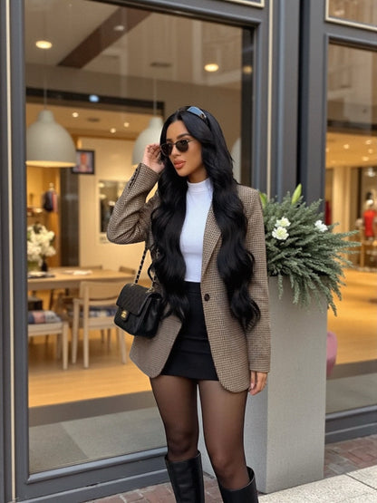 Perfee Plaid Lapel Collar Long Sleeve Blazer